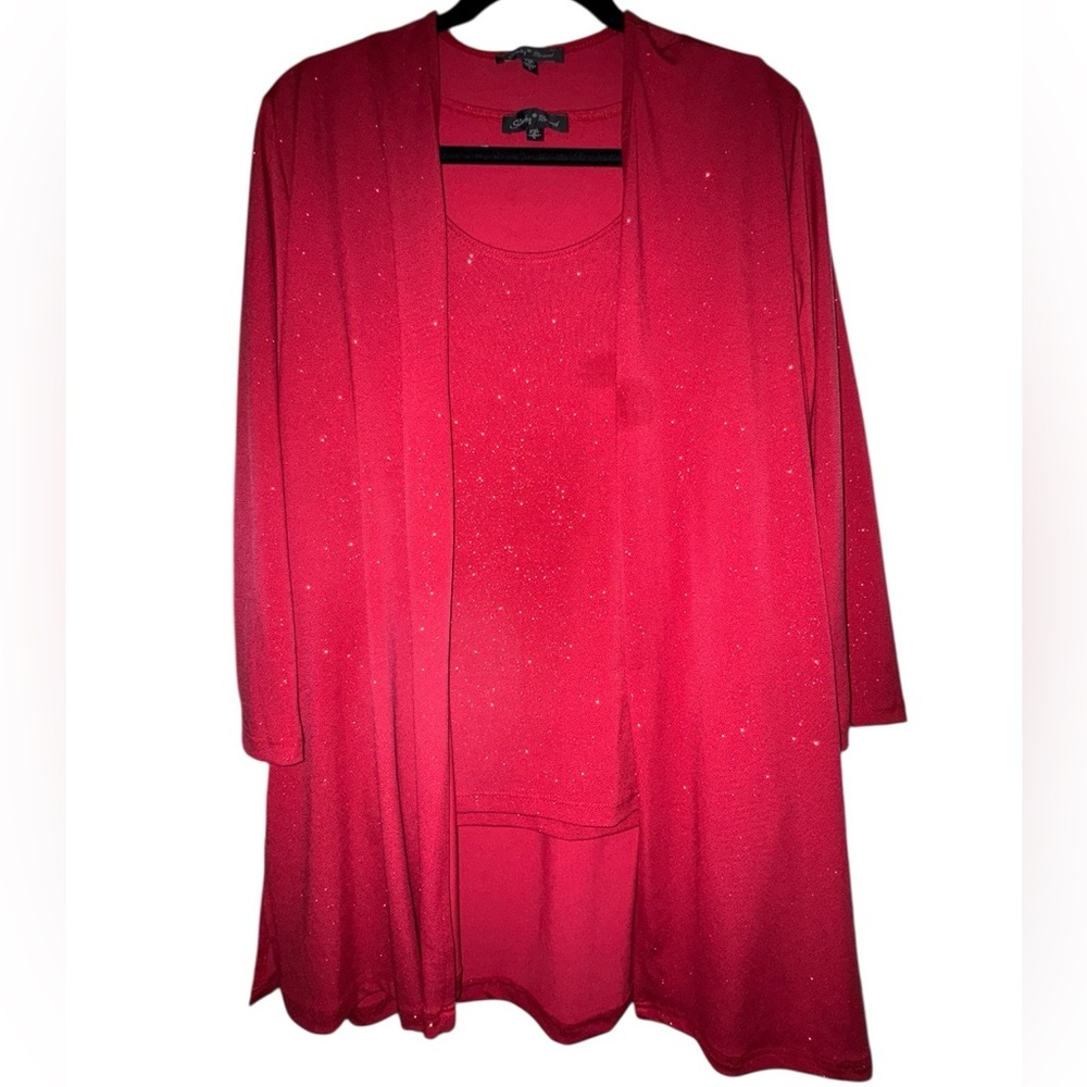 Slinky Brand Red Glitter Tank Top Cardigan Sweater Set L